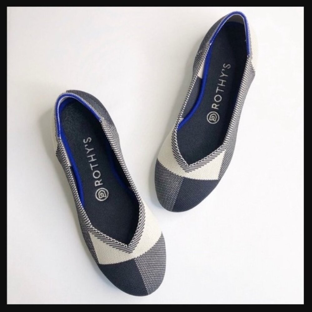 Rothy's The Flat Round Captoe Black and Cream Plaid (Size 9.5)